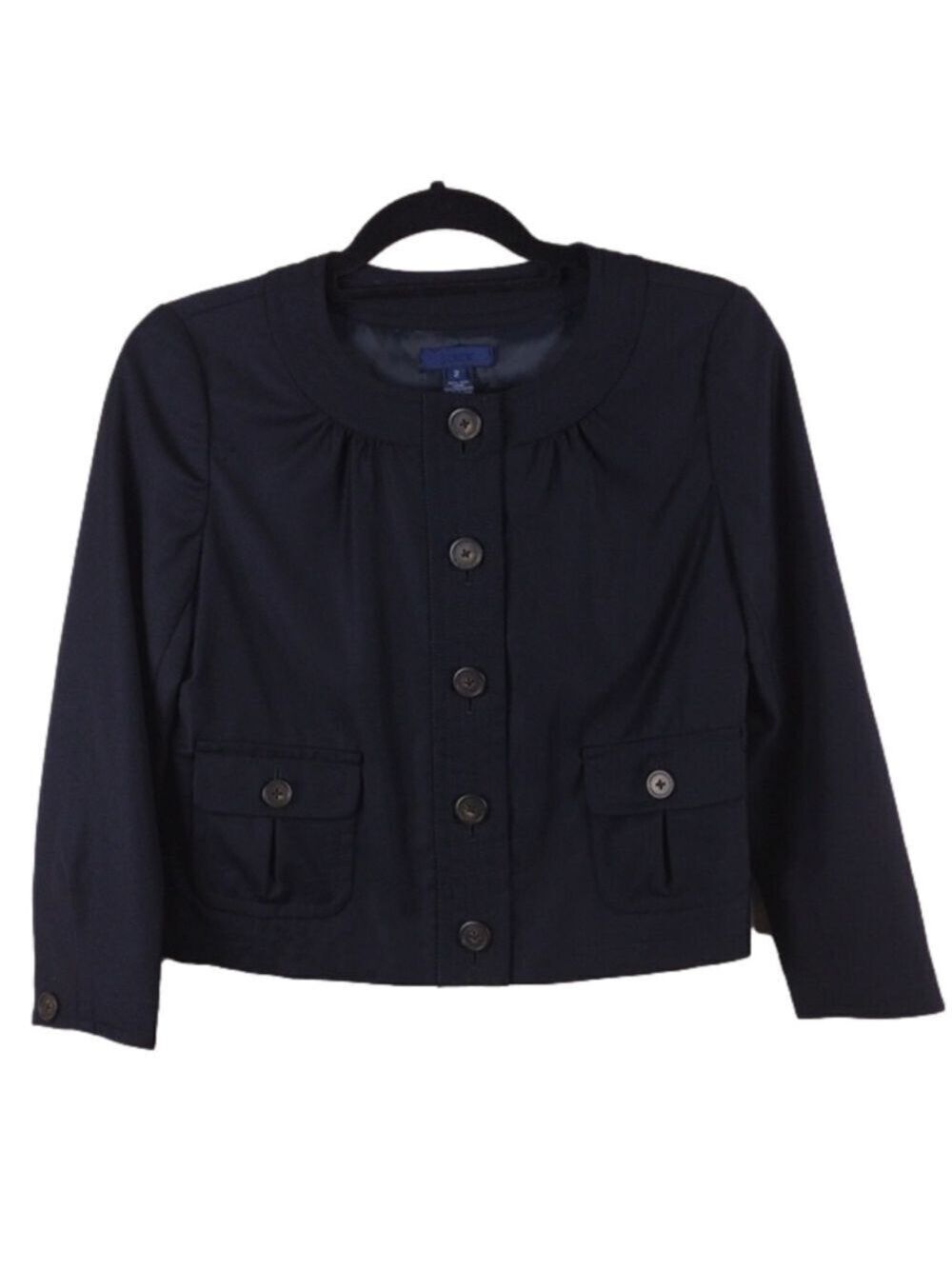 J. Crew Black Wool Collarless Long Sleeve Button Down Short Length Blazer Jacket